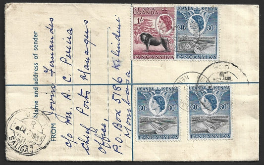 Kenya Uganda Tanganyika QEII formular regd cover KILINDINI to Portuguese India