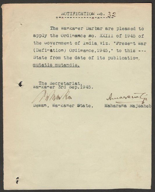 (AOP) India 1945 PRESENT WAR ORDINANCE signed Amar Singh MAHARAJA of WANKANER