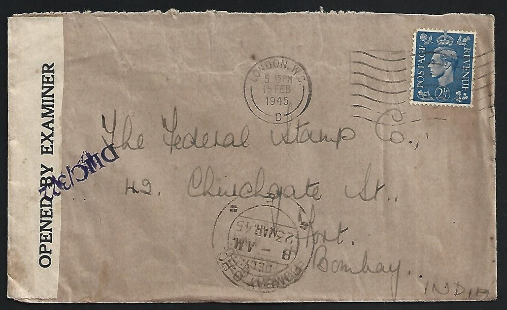 GB WW2 1945 censored cover London W.C. to Bombay, India