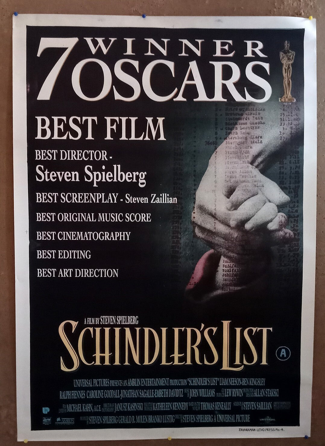 1993 Schindler's List 1 sheet India poster Liam Neeson