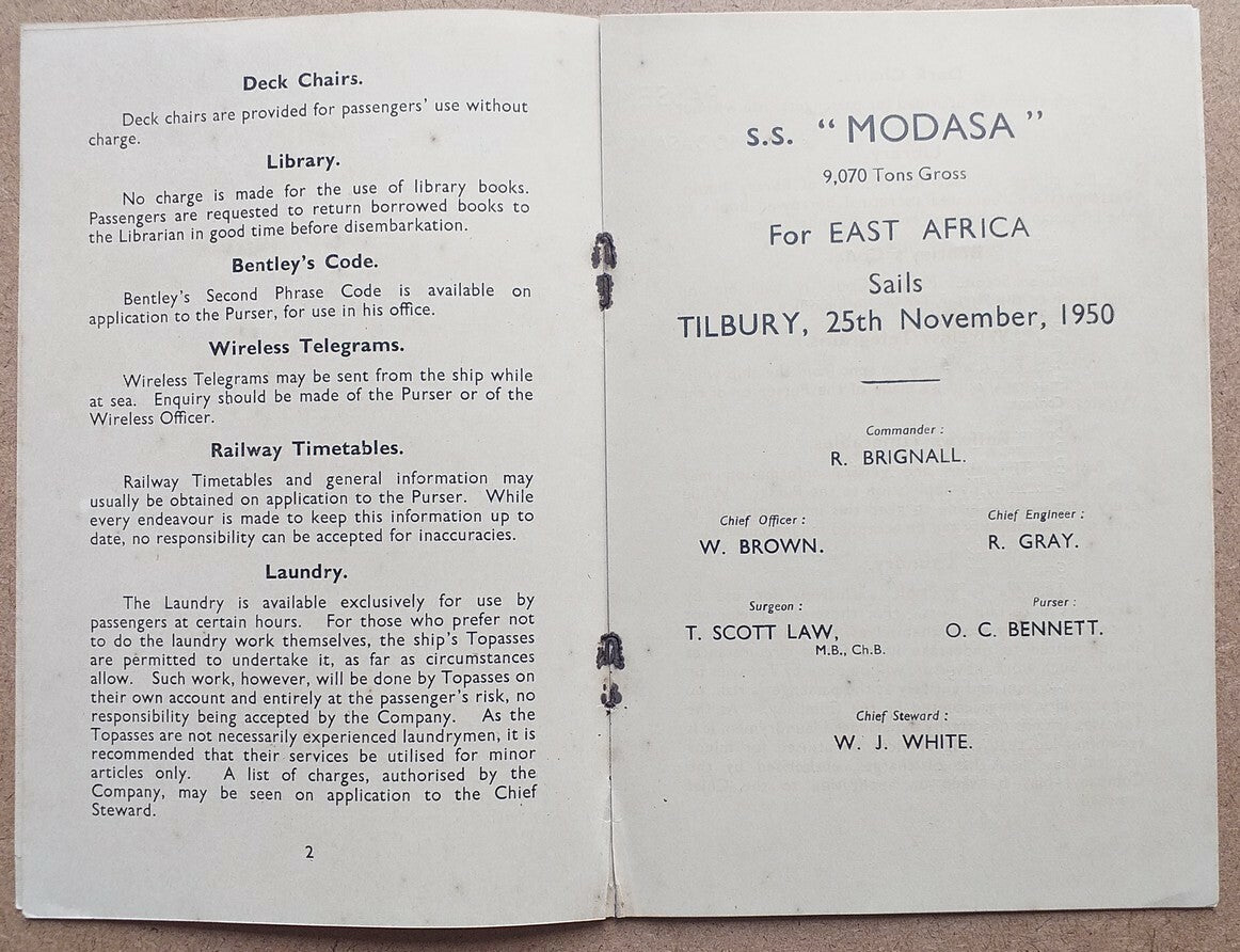 B.I. (British India) LINE S.S. MODASA1950 Passenger List