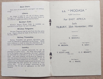 B.I. (British India) LINE S.S. MODASA1950 Passenger List