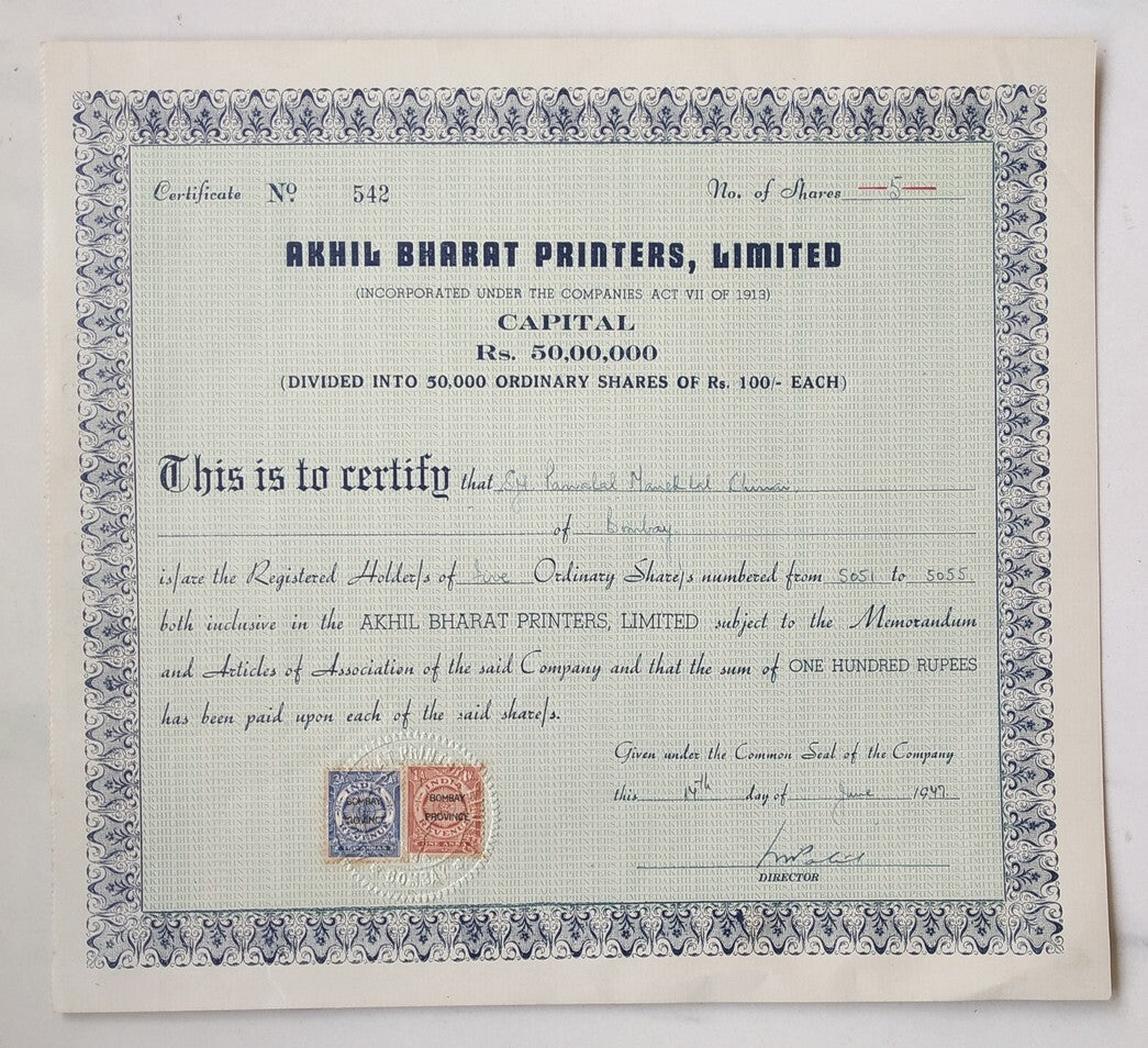 India 1947 Akhil Bharat Printers share certificate