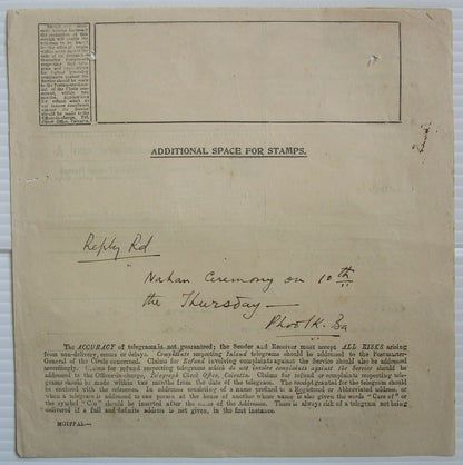 India 1938 Inland Telegram with counterfoil attached