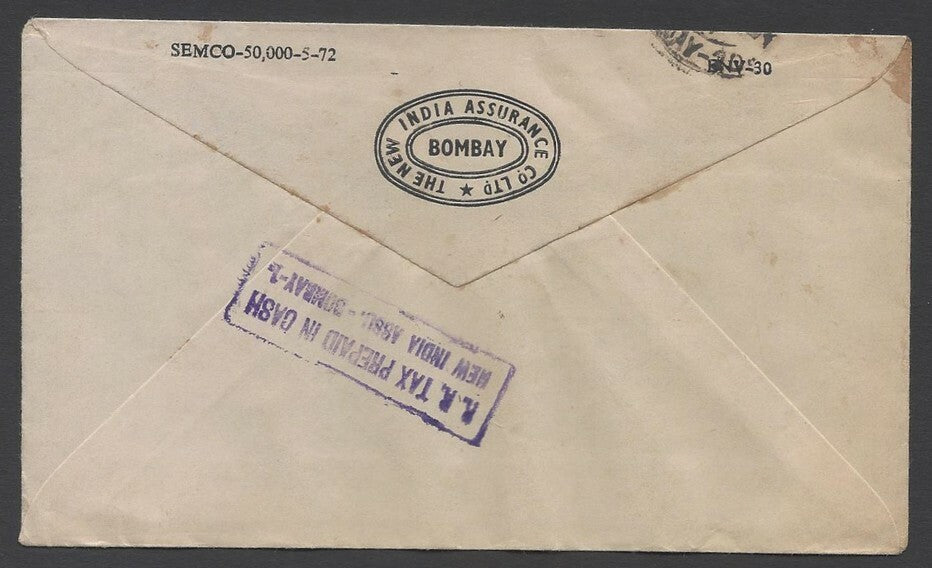 AOPIMT India 1972 cover with boxed R. R. TAX PREPAID IN CASH - NEW INDIA ASSO.