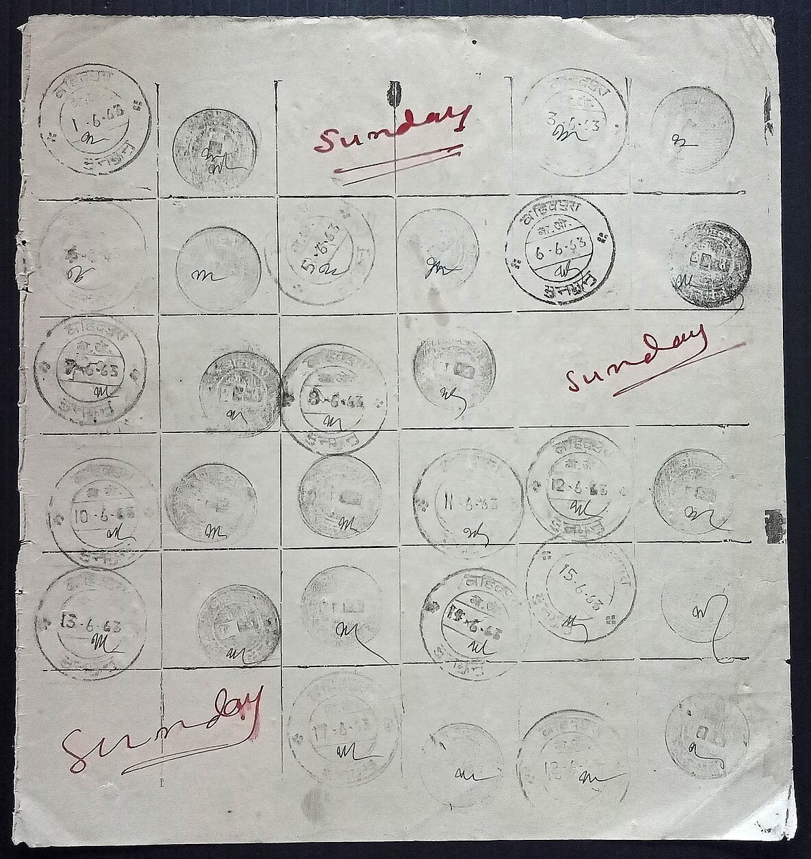 India 1957-68 Post Office daily postmark proof impression sheets (18)