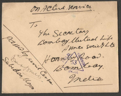 (AOP) India WW2 On Active Service censored cover to India