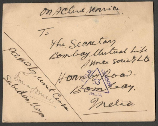 (AOP) India WW2 On Active Service censored cover to India