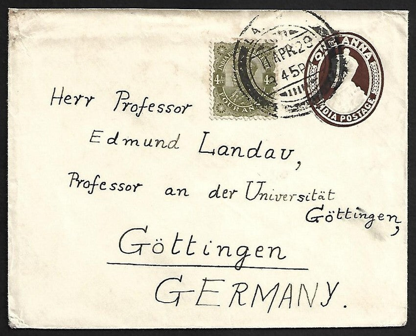 AOP India KGV 1a envelope uprated 4a to Gottingen, Germany1929