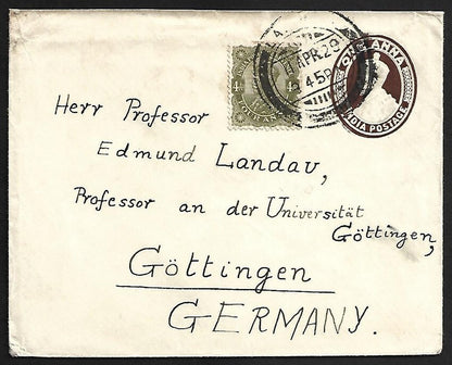 AOP India KGV 1a envelope uprated 4a to Gottingen, Germany1929