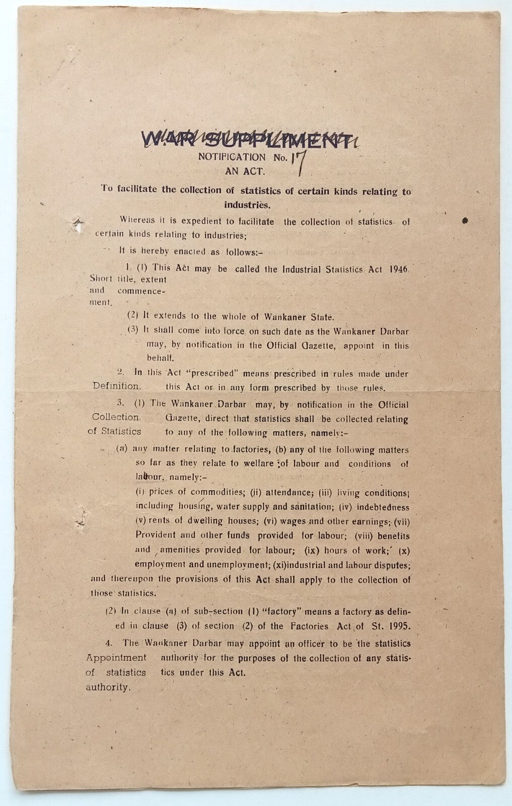 India 1946 INDUSTRIAL STATISTICS ACT signed by Amar Singh MAHARAJA of WANKANER