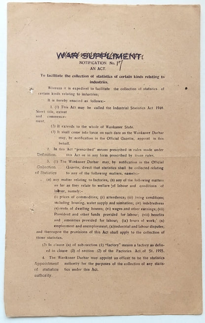 India 1946 INDUSTRIAL STATISTICS ACT signed by Amar Singh MAHARAJA of WANKANER