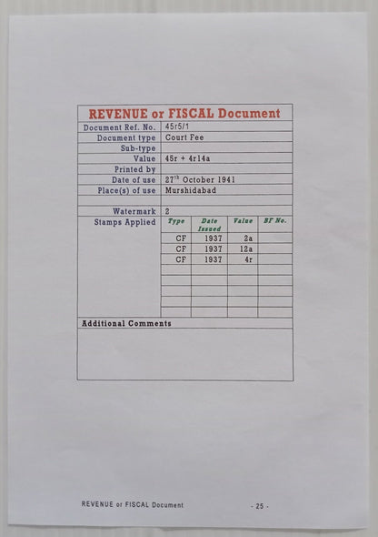 AOP India KGV 45R stamp paper with Court Fee stamps
