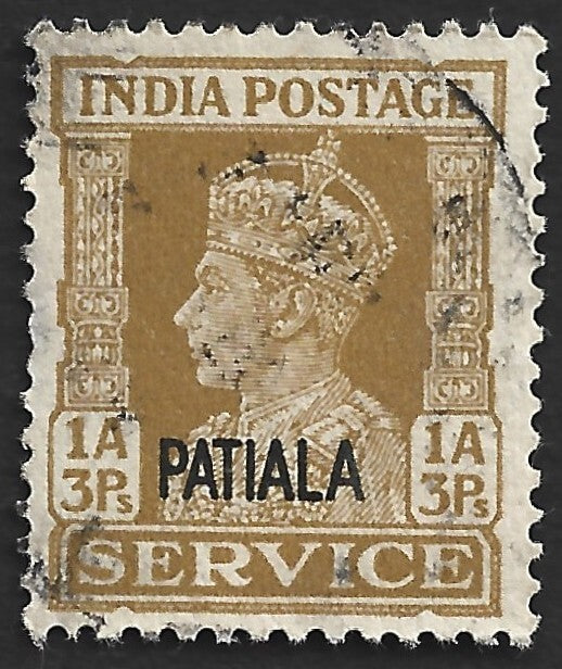 India Patiala State Off KGVI 1939-44 1a3p watermark inverted used UNRECORDED