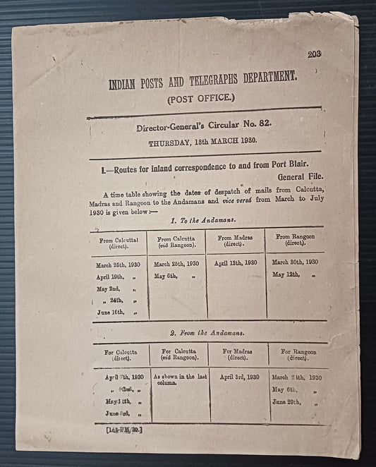 India 1929 DG'S POSTAL CIRCULAR Routes for Correspondence to & from PORT BLAIR