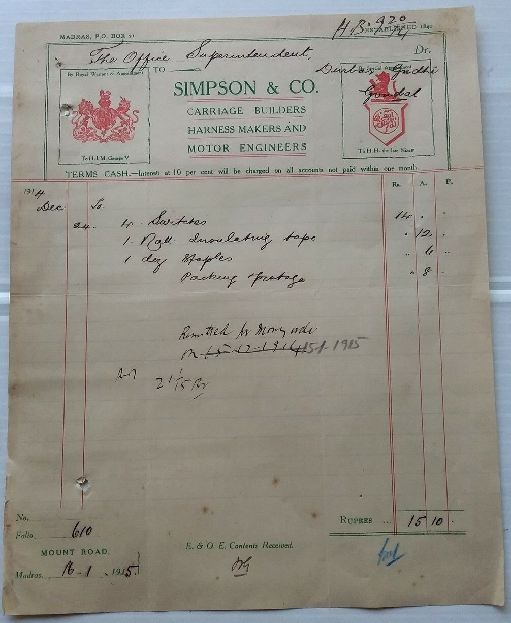 India 1915 Illustrated letterhead Garlic & Co Bombay Construction Engineers