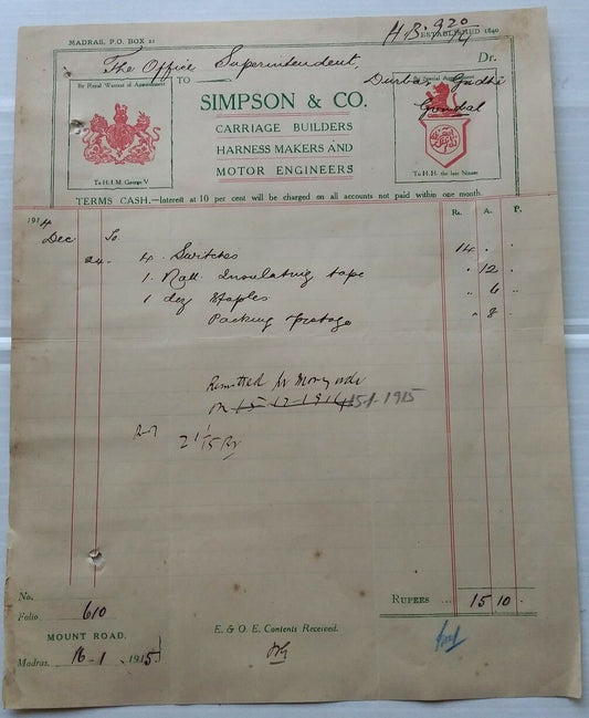 India 1915 Illustrated letterhead Garlic & Co Bombay Construction Engineers