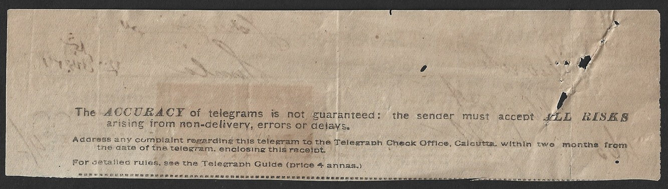 India 1900 Telegraph Telegram receipt with SANS SERIF 2 RUPEES on 2R8a pair