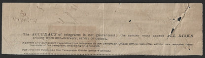 India 1900 Telegraph Telegram receipt with SANS SERIF 2 RUPEES on 2R8a pair