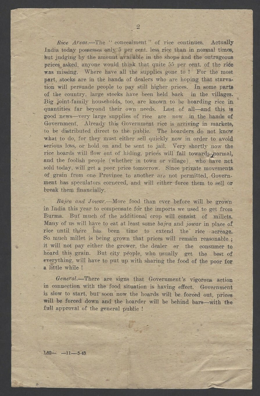 India 1943 WW2 National War Front Propaganda Leaflet The Food Position