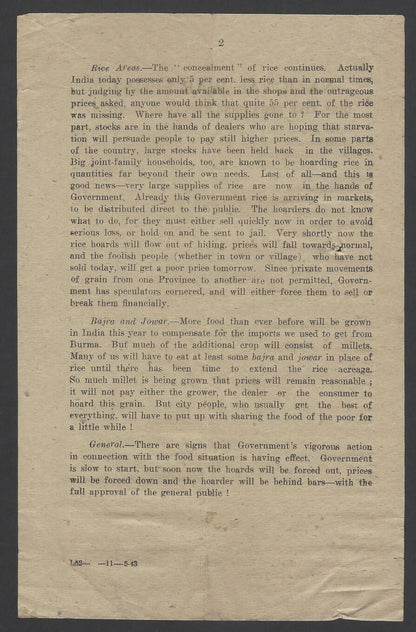India 1943 WW2 National War Front Propaganda Leaflet The Food Position