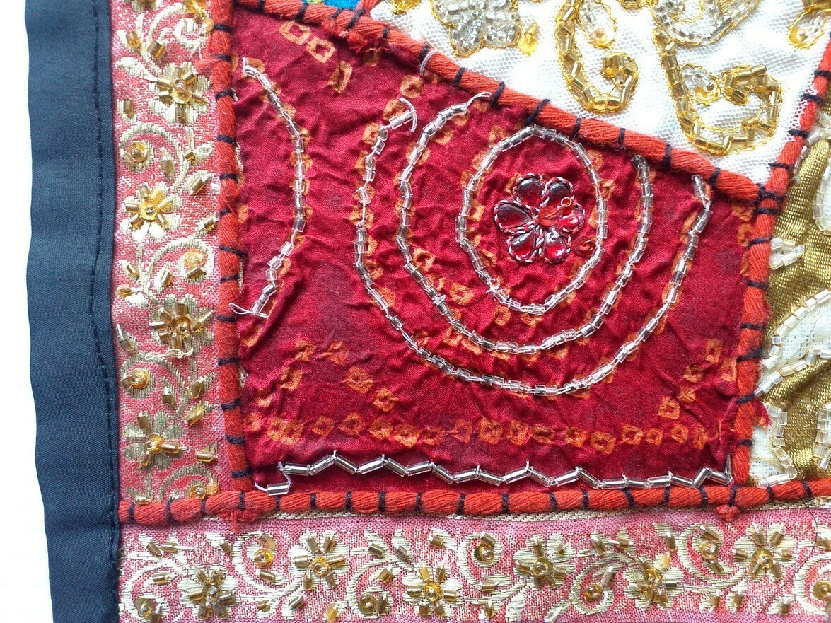 Vintage multipurpose Indian mat wi hand embroidery, sequins, stones, wood, etc