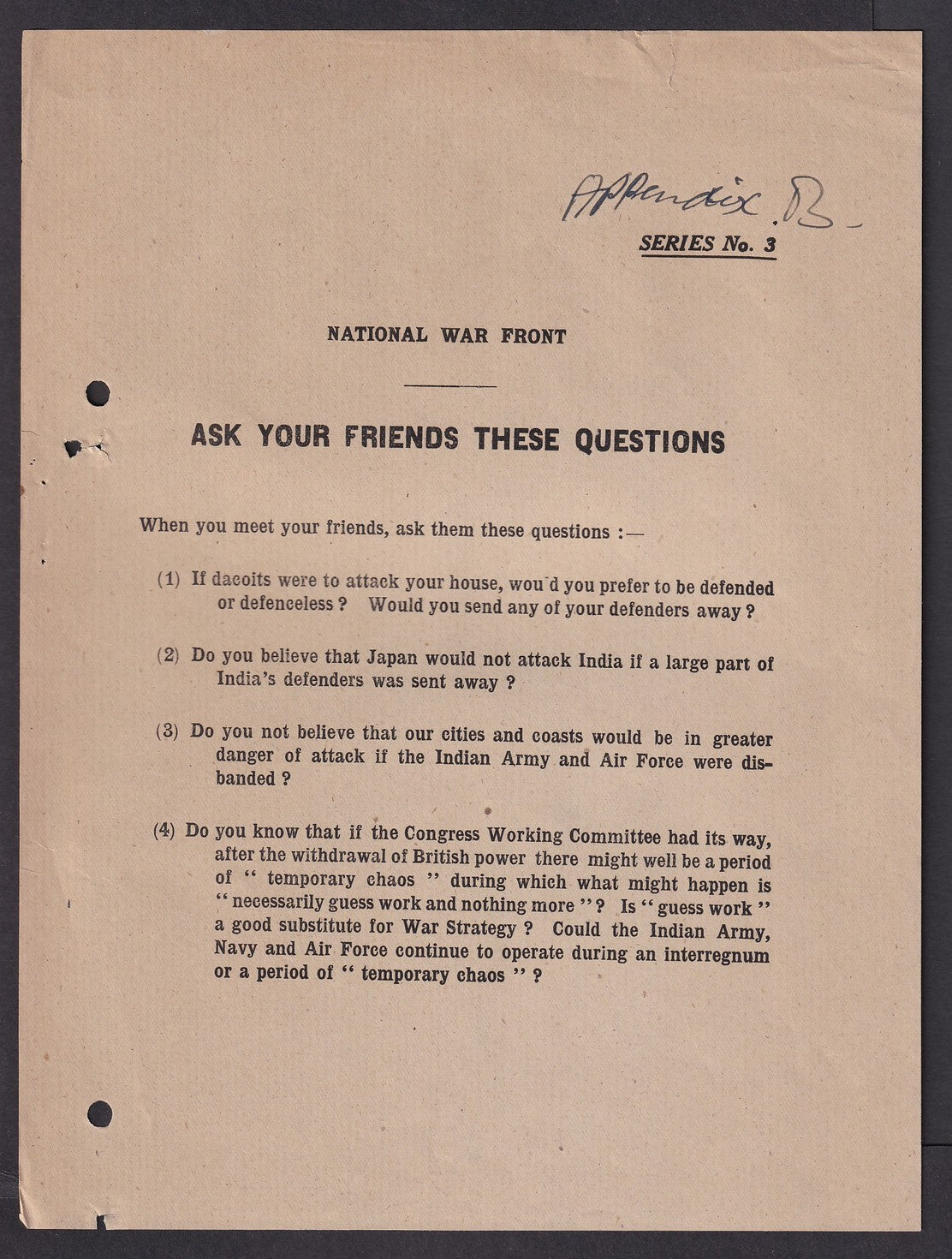 India World War 2 National War Front ANTI CONGRESS, ANTI JAPAN propaganda sheet
