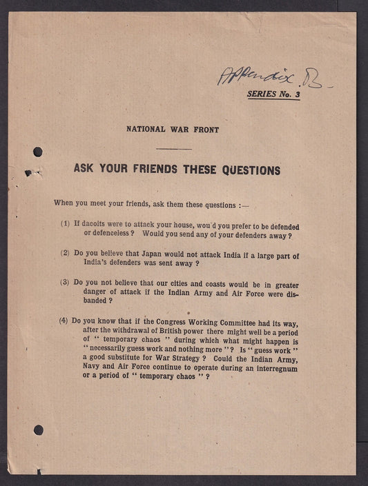 India World War 2 National War Front ANTI CONGRESS, ANTI JAPAN propaganda sheet