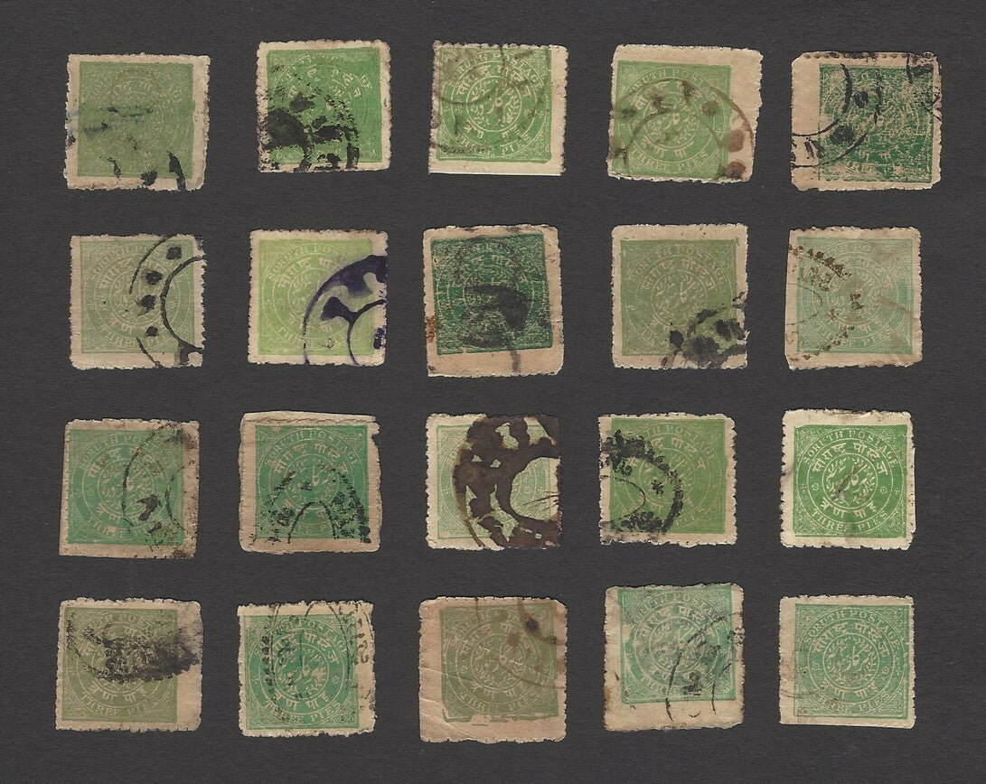 India Saurashtra State 1914 3p green collection of shades & postmarks (20)