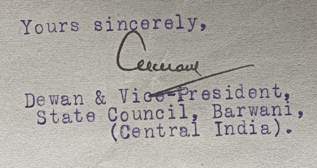 India 1943 crested letter BARWANI STATE signed by the Diwan