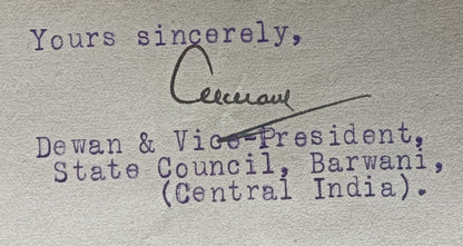 India 1943 crested letter BARWANI STATE signed by the Diwan