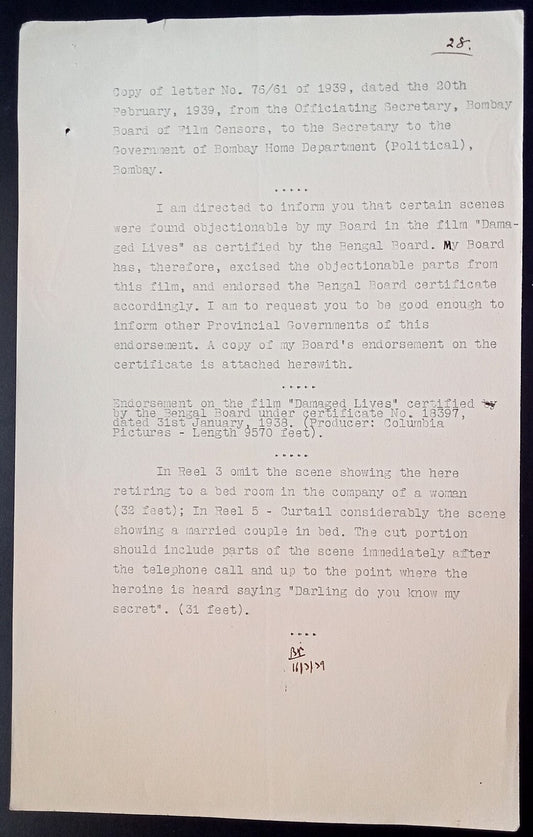 India 1939 Official letter ordering cuts in movie DAMAGED LIVES Columbia Picture