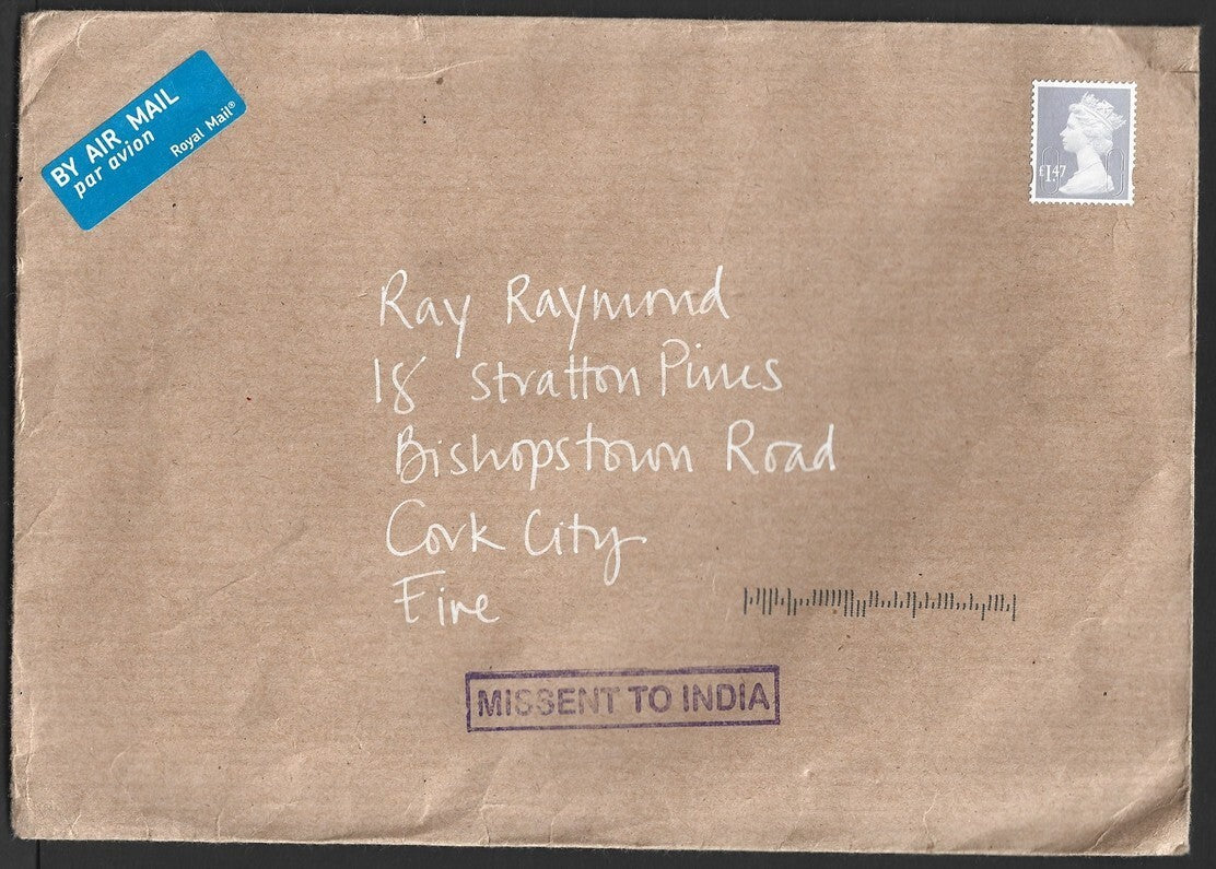 GB Machin £1.47 single franking on cover to Ireland MISSENT TO INDIA