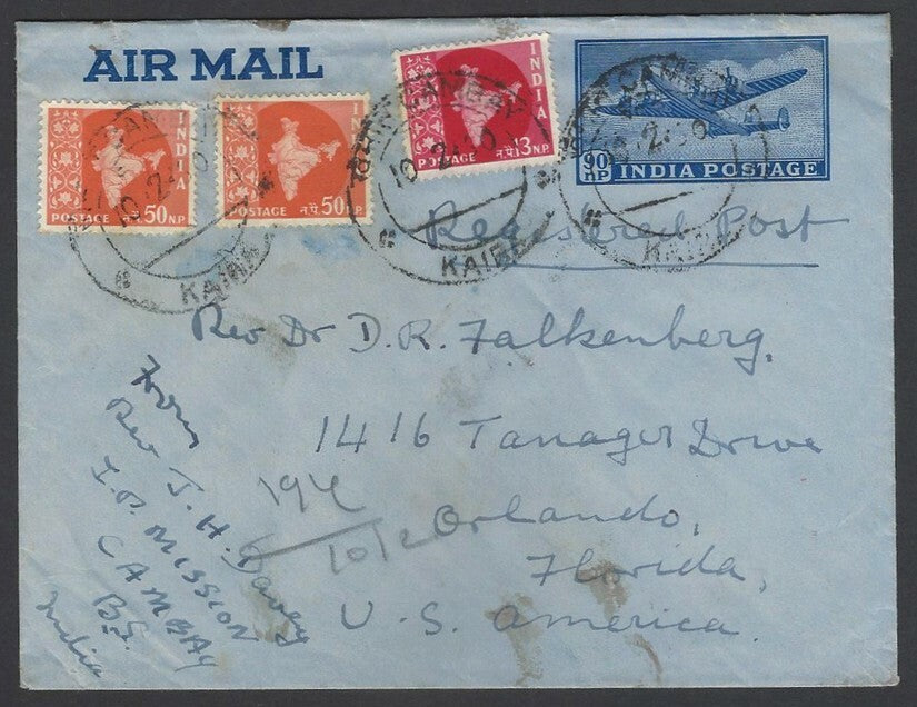 India 90np blue aimail envelope used uprated MAPS used 1959 to USA Rs. 3.13 rate