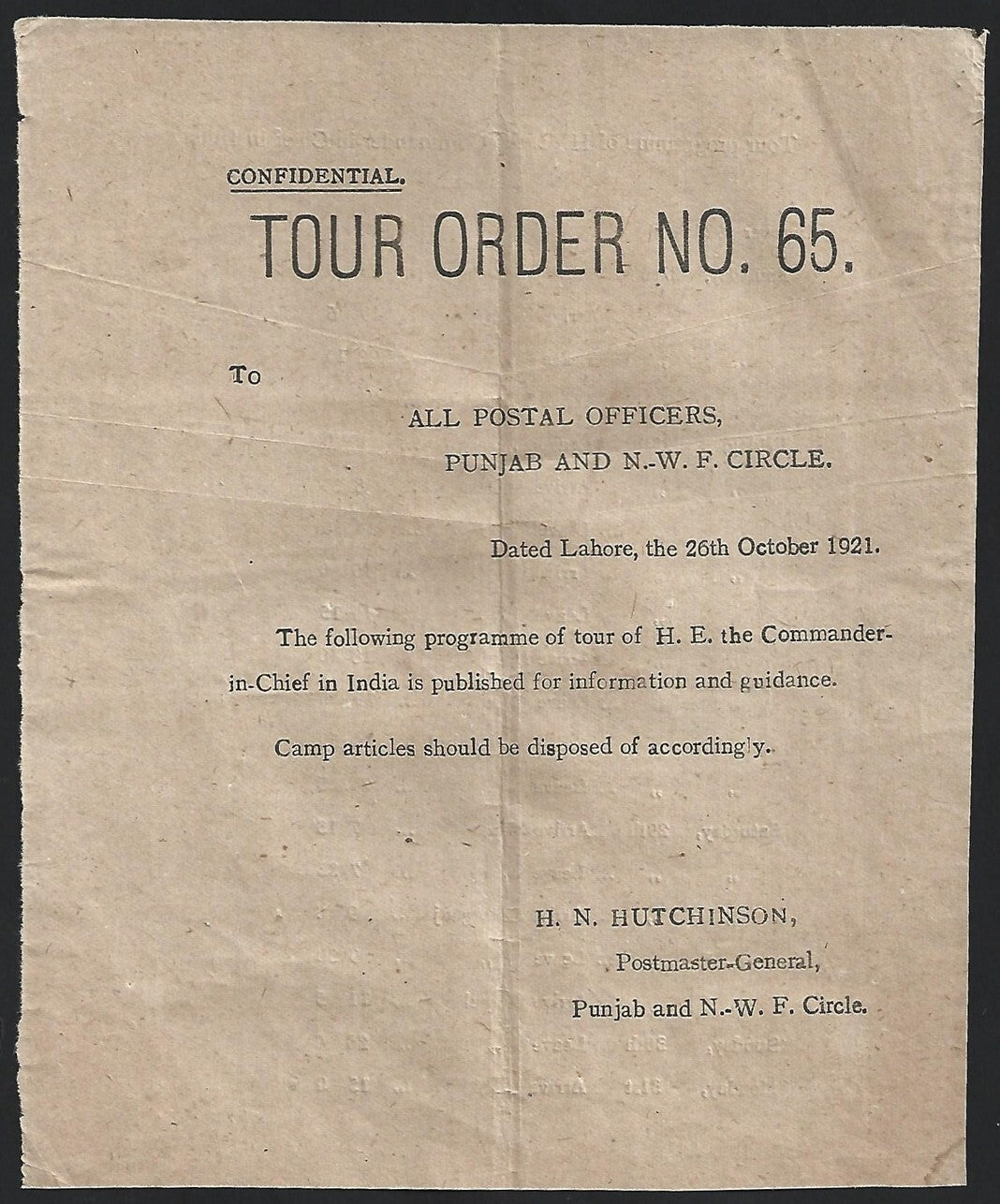 India 1921 POSTAL NOTICE for All Postal Officers re Commander in Chief's Program