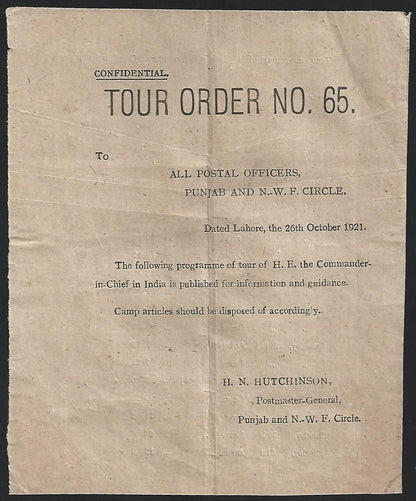 India 1921 POSTAL NOTICE for All Postal Officers re Commander in Chief's Program