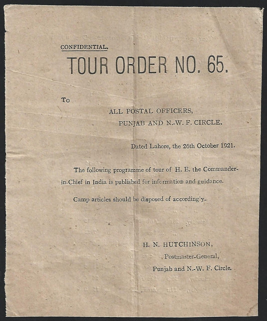 India 1921 POSTAL NOTICE for All Postal Officers re Commander in Chief's Program