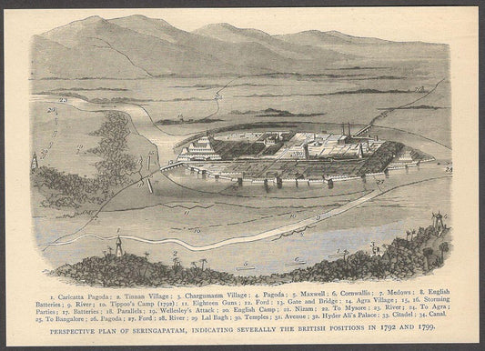 India PERSPECTIVE PLAN OF SERINGAPATAM engraved print - Rousslet 1876 6.5"x5"