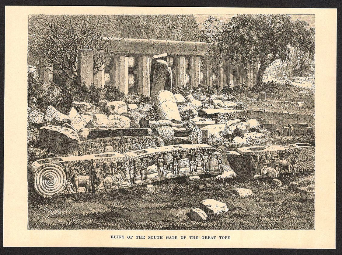 India RUINS OF THE SOUTH GATE GREAT TOPE engraved print - Rousslet 1876 7.5"x5.5