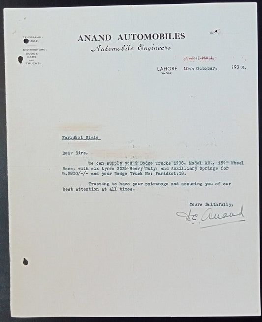 India Lahore 1938 DODGE TOURING SEDAN brochure