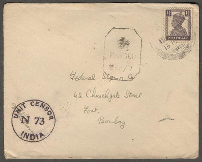 India WW2 1943 Military cover UNIT CENSOR N 73 & Civil censor DHB/9