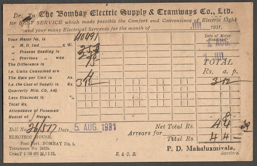AOP India BES&T Bombay Electricity & Transport advertisement postcard 1931