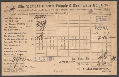 AOP India BES&T Bombay Electricity & Transport advertisement postcard 1931