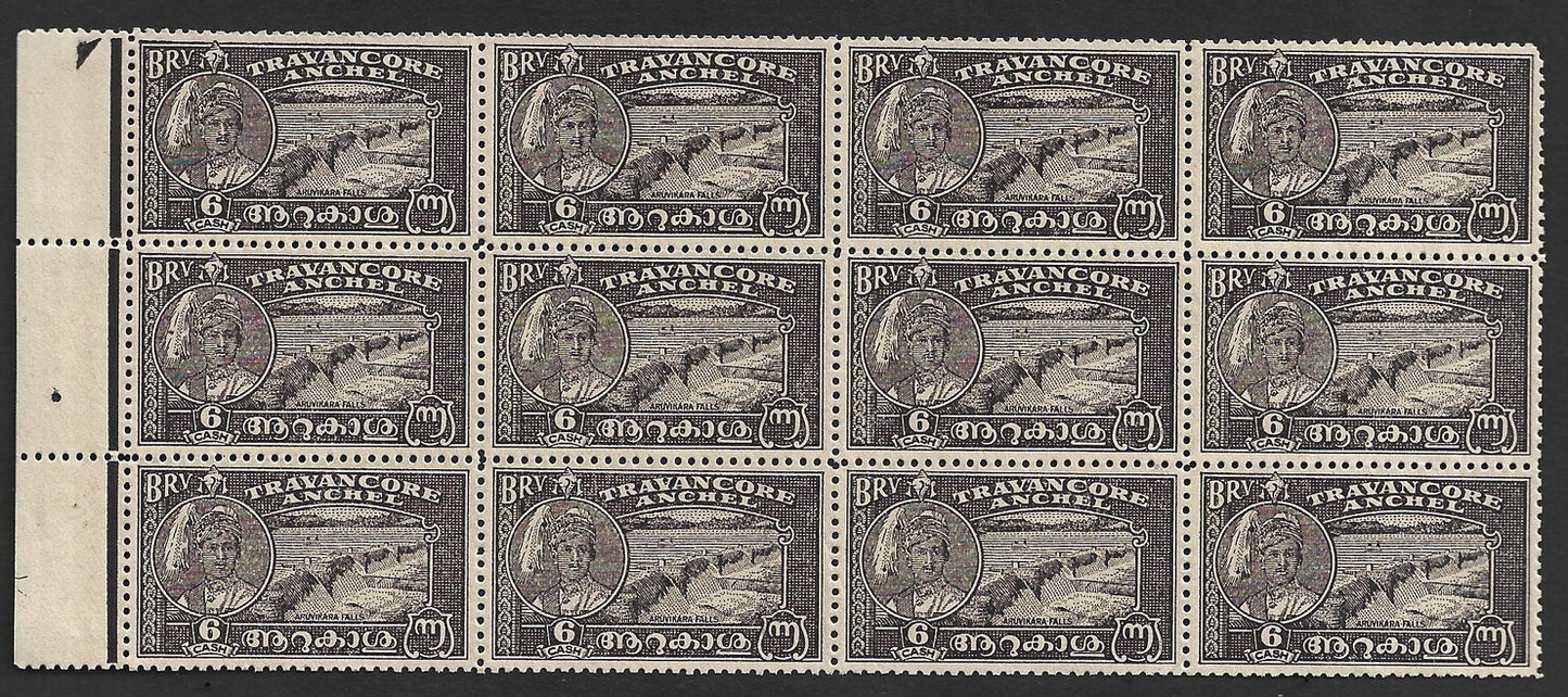 India Travancore 1941 6ca blackish violet perf 12.5 block of 12 MNH SG 71 £90