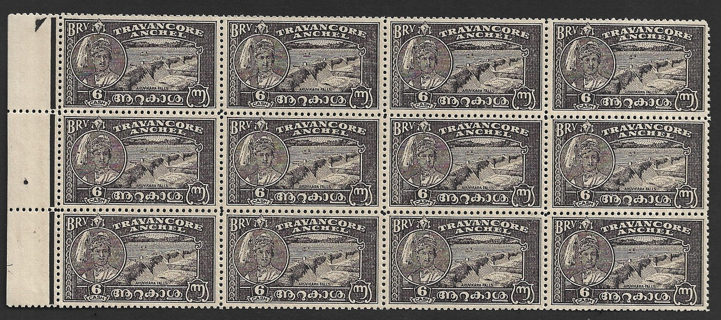 India Travancore 1941 6ca blackish violet perf 12.5 block of 12 MNH SG 71 £90