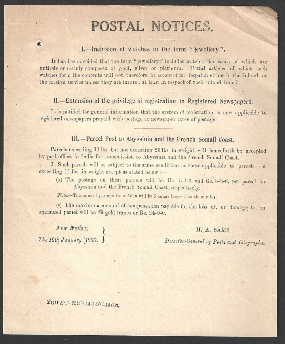 India 1929 POSTAL NOTICE + CIRCULAR Transmission of Opium & dangerous drugs