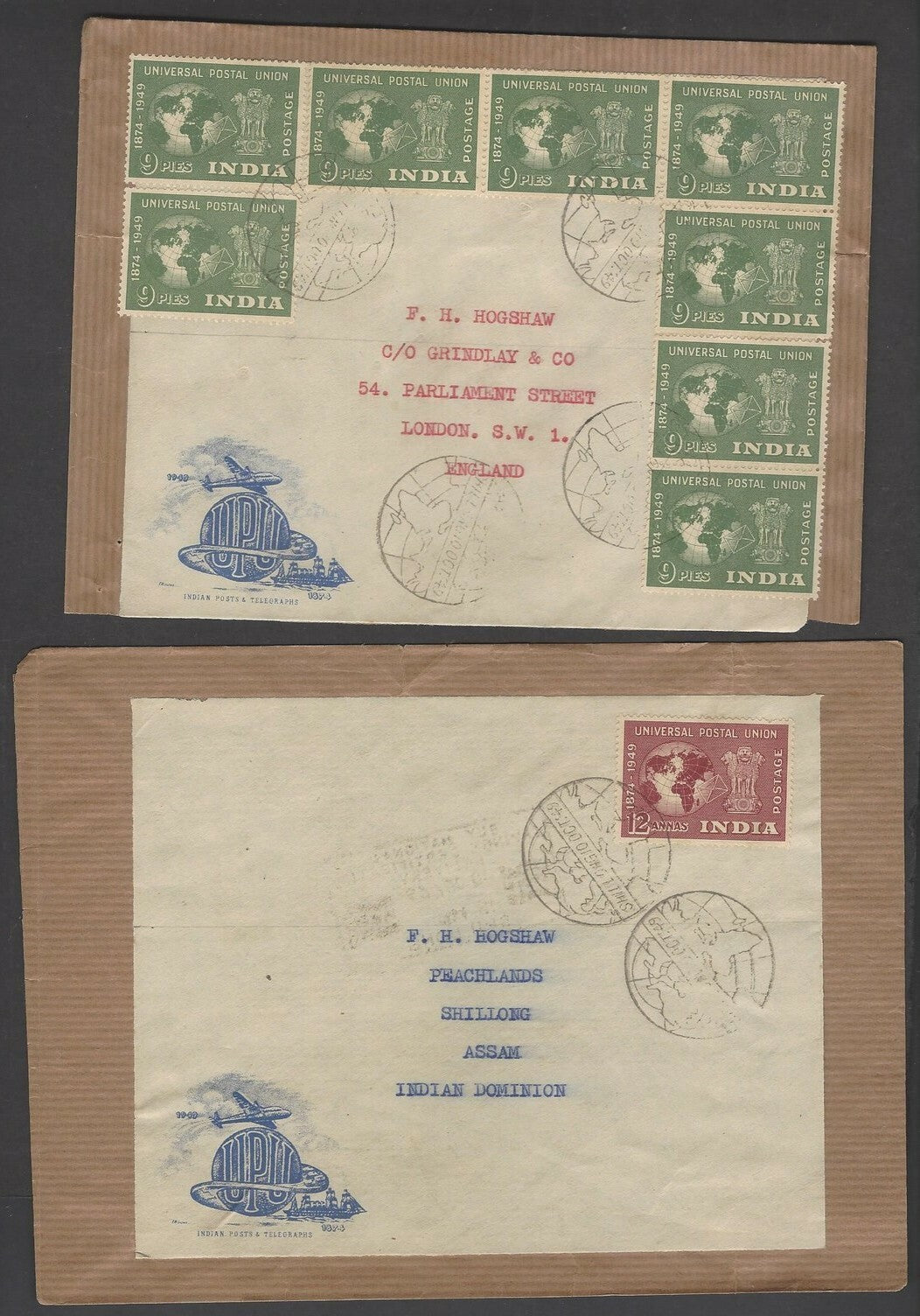 India 1949 UPU multiples on FDCs to UK (4) Unusual