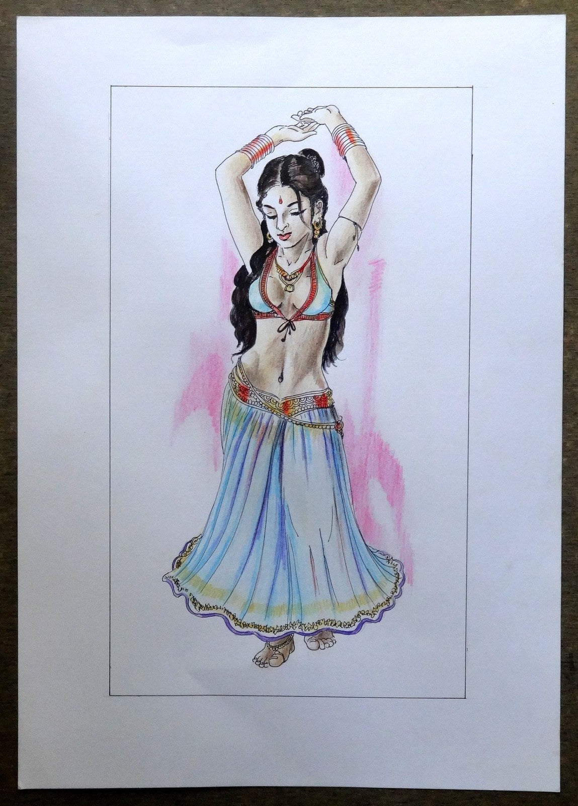 Indian Dancing Beauty watercolours, crayons & ink on card 11.5” x 17.5”