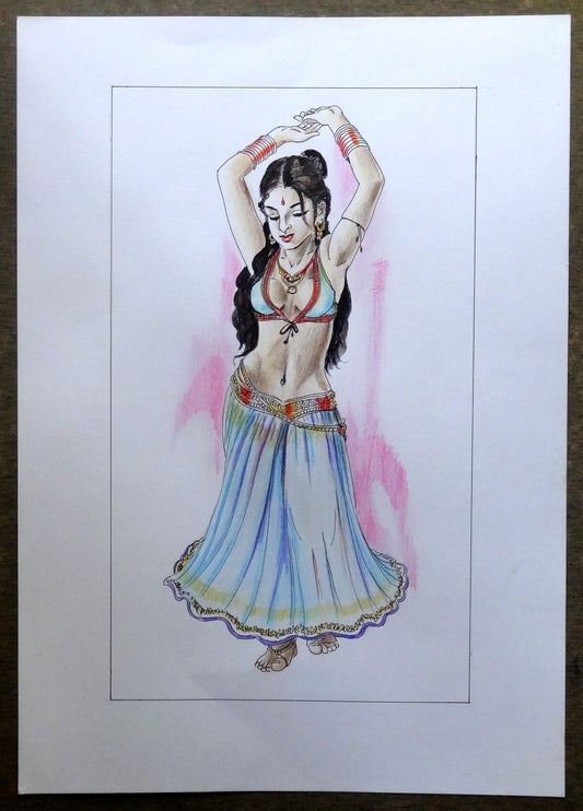 Indian Dancing Beauty watercolours, crayons & ink on card 11.5” x 17.5”