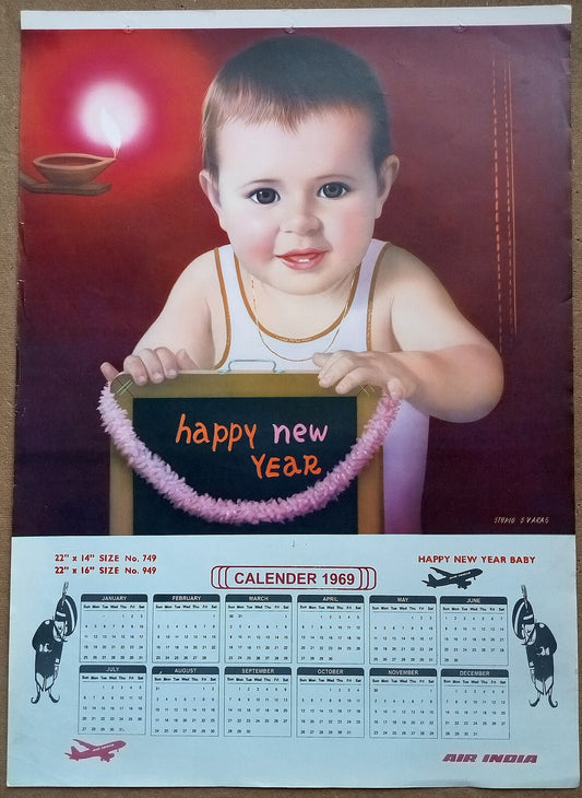 AIR INDIA 1969 poster calender 949 - HAPPY NEW YEAR BABY - STUDIO : S. V. VARAS